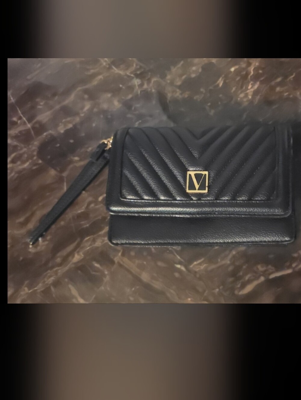 Victorias Secret Black Quilted Wristlet Wallet with Gold Accent Logo
